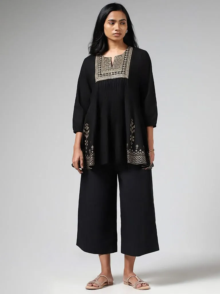 Utsa Black Floral Zari Embroidered and Printed Gathered Cotton Kurti