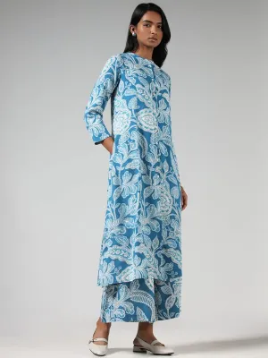 Utsa Blue Floral Printed Buttondown Kurta