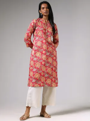 Utsa Bright Red Floral Printed A-Line Kurta