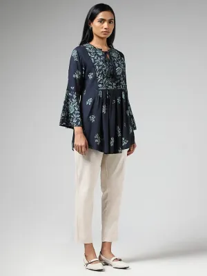 Utsa Dark Blue Floral Printed Bell Sleeves Gathered Kurti