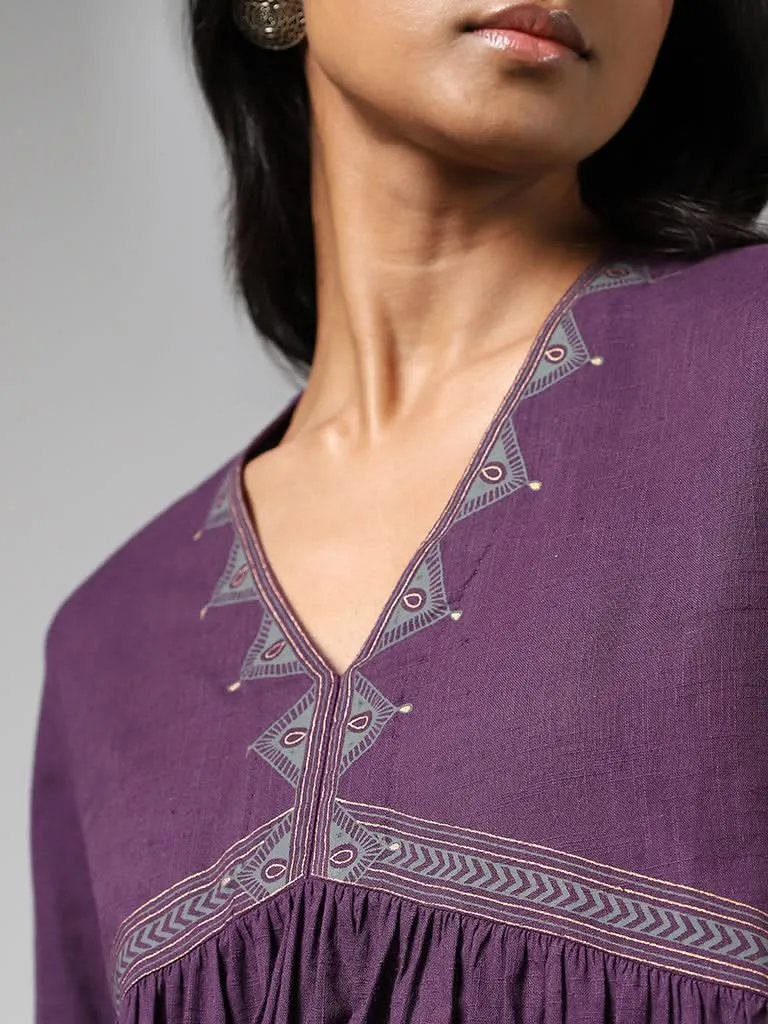 Utsa Dark Purple Geometric Printed Gathered Cotton Kurti