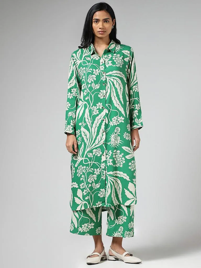 Utsa Green Floral Printed Wide-Leg Pants