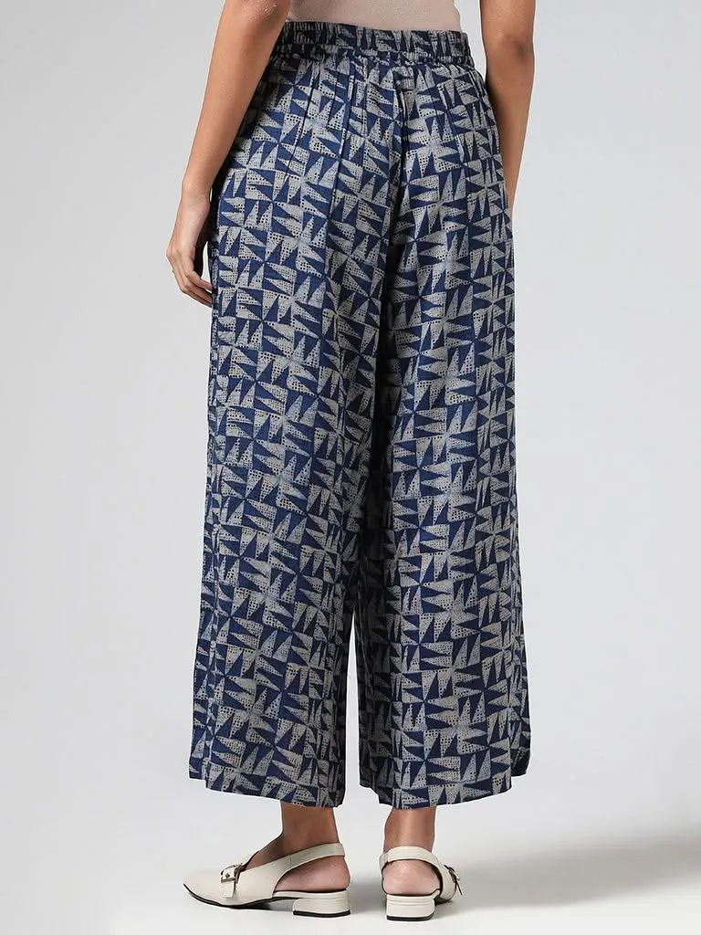 Utsa Indigo Geometric Printed Wide-Leg Pants