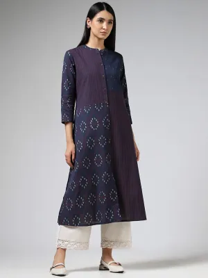 Utsa Indigo Striped & Printed Buttoned Down Kurta