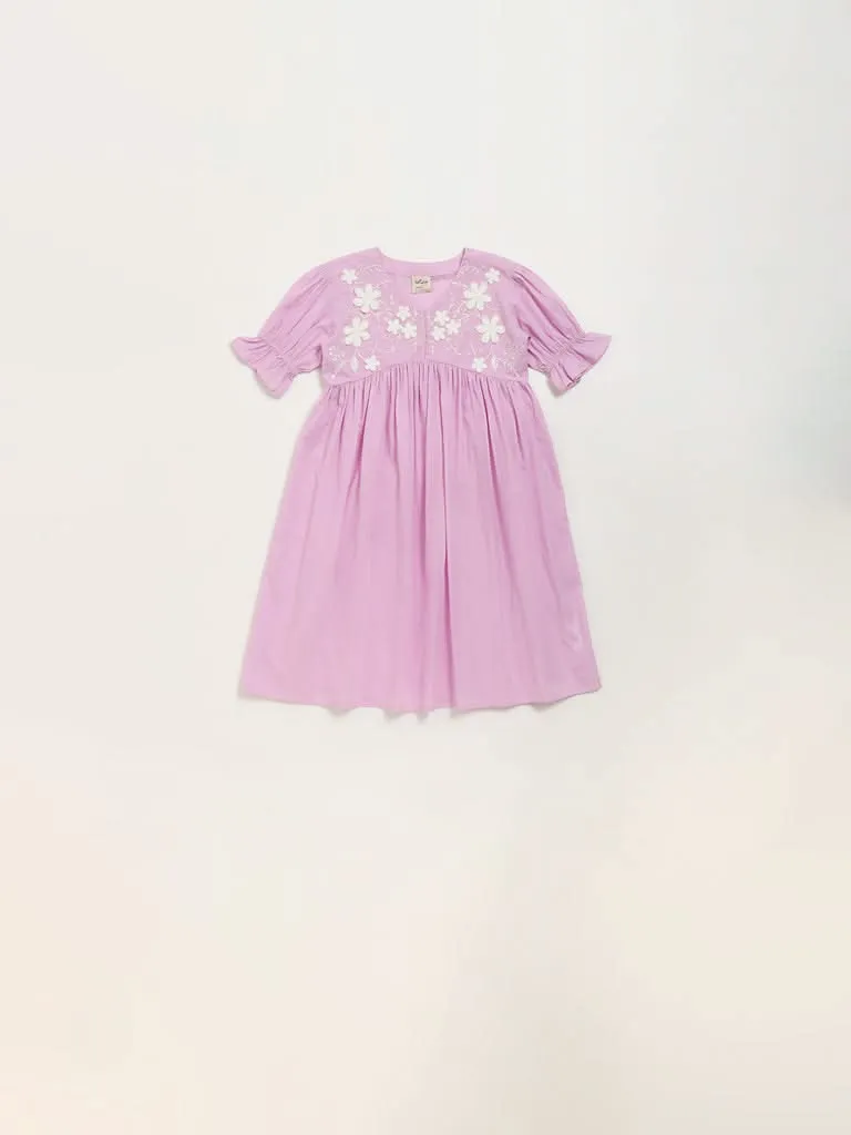 Utsa Kids Purple Floral Embroidered Empire-Line Cotton Dress (2 - 8yrs)