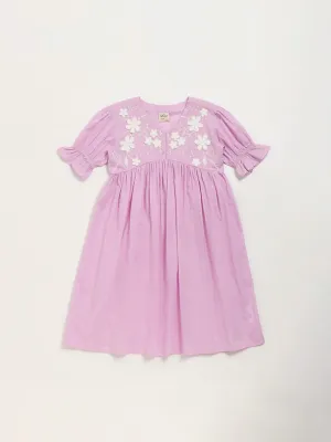 Utsa Kids Purple Floral Embroidered Empire-Line Cotton Dress (8 -14yrs)