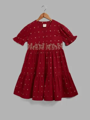 Utsa Kids Red Floral Foil Printed Gathered Dress (8 -14yrs)