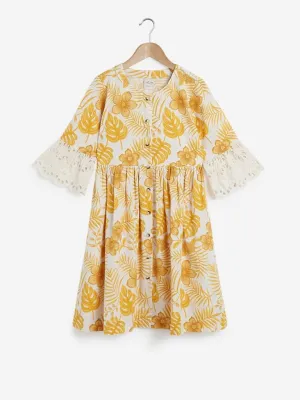 Utsa Kids Yellow Floral Fit-And-Flare Dress