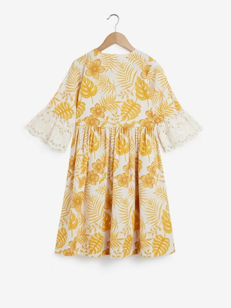 Utsa Kids Yellow Floral Fit-And-Flare Dress