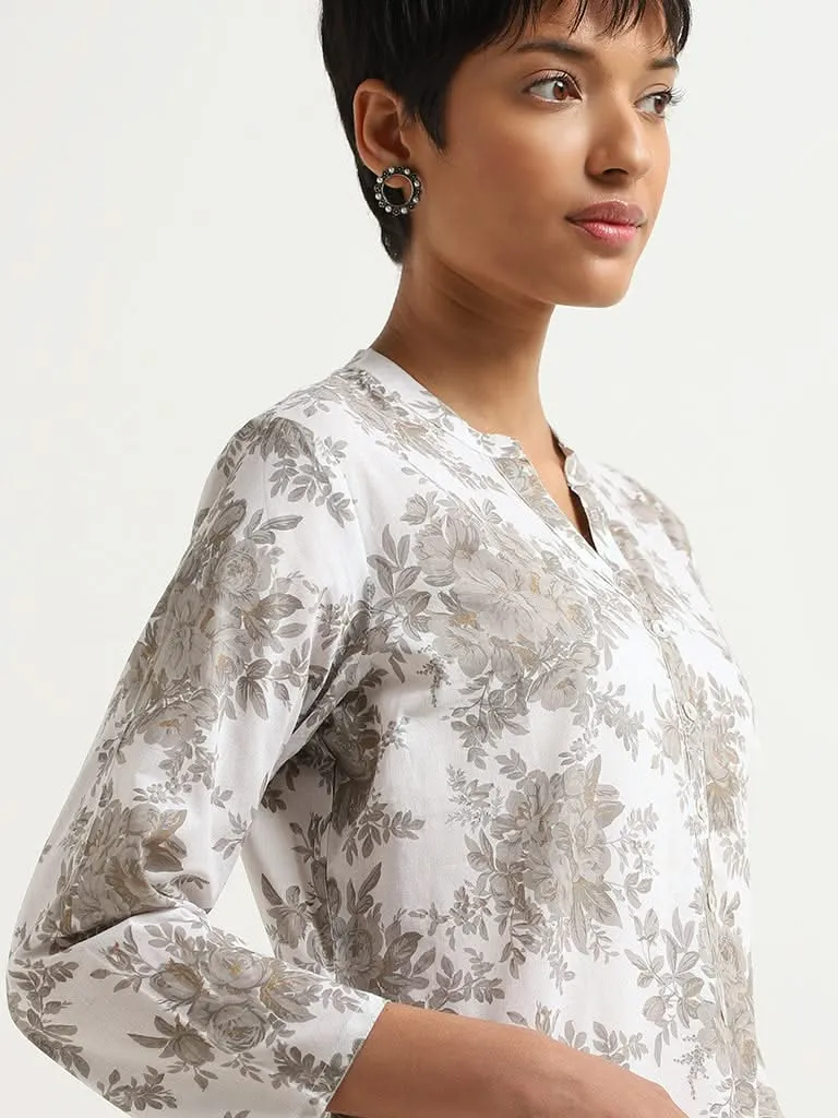 Utsa Light Grey Floral Printed Cotton Kurta