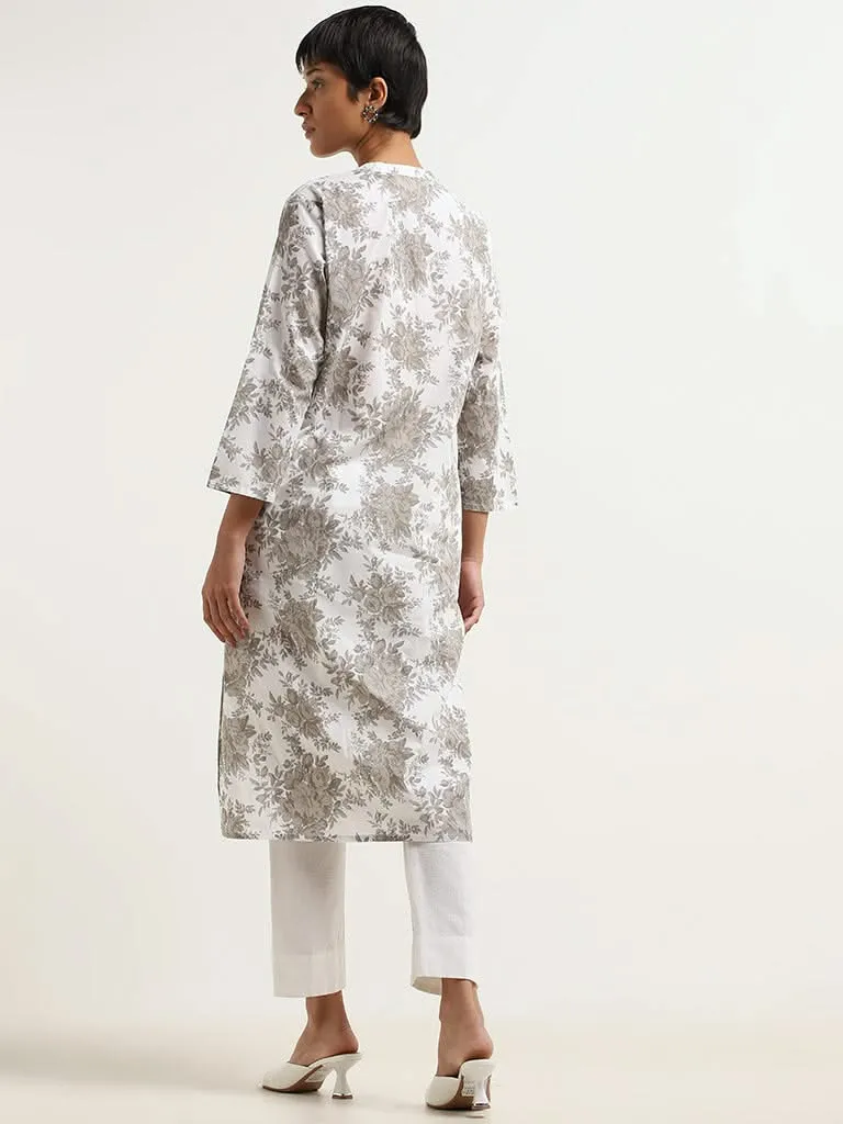 Utsa Light Grey Floral Printed Cotton Kurta