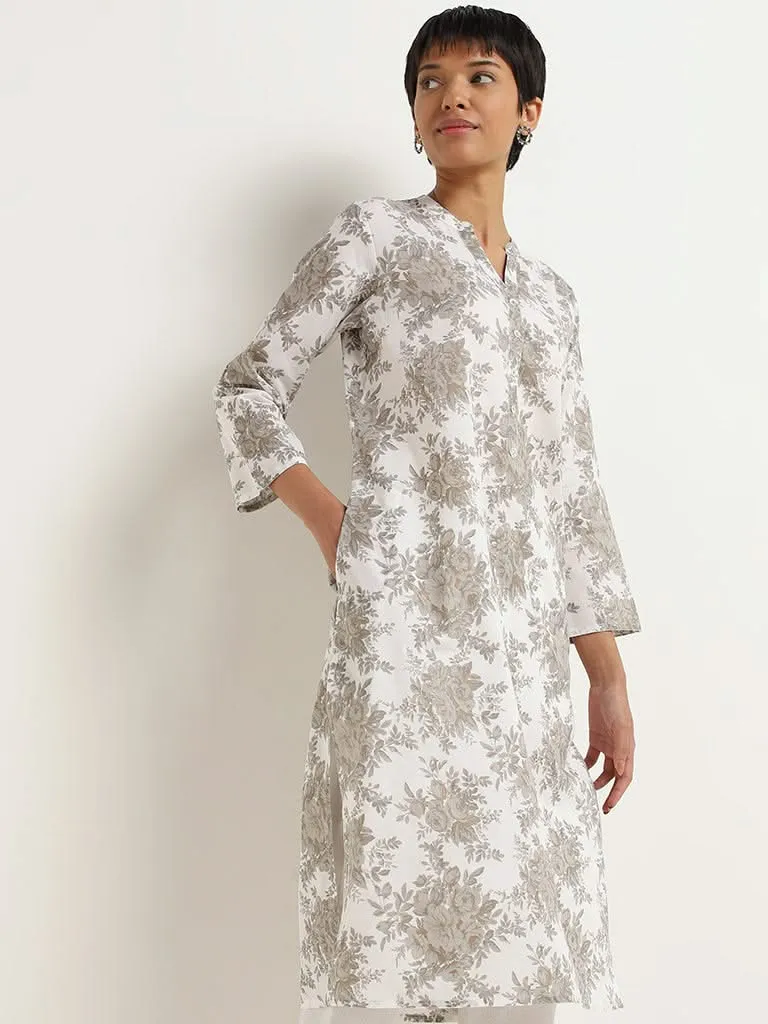 Utsa Light Grey Floral Printed Cotton Kurta