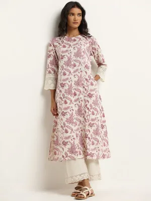 Utsa Lilac Floral Print Blended Linen Kurta