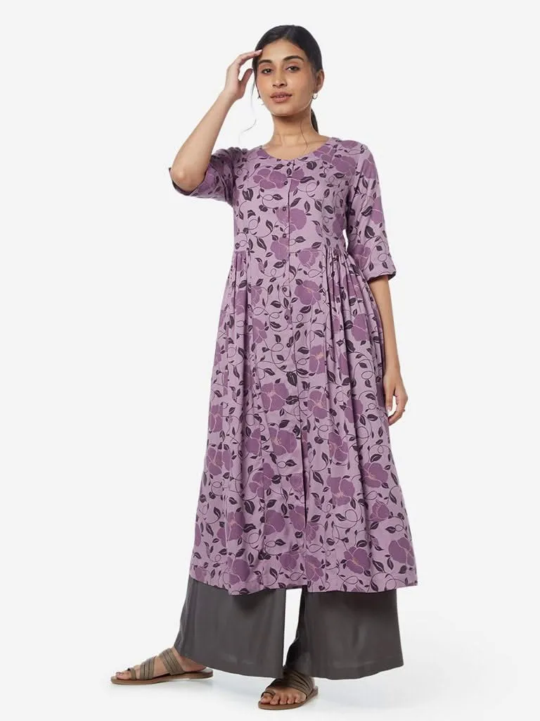 Utsa Lilac Floral Print Fit-And-Flare Kurta