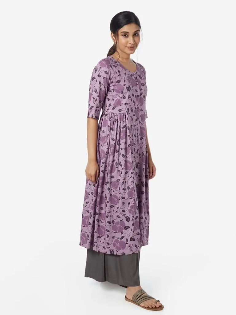 Utsa Lilac Floral Print Fit-And-Flare Kurta