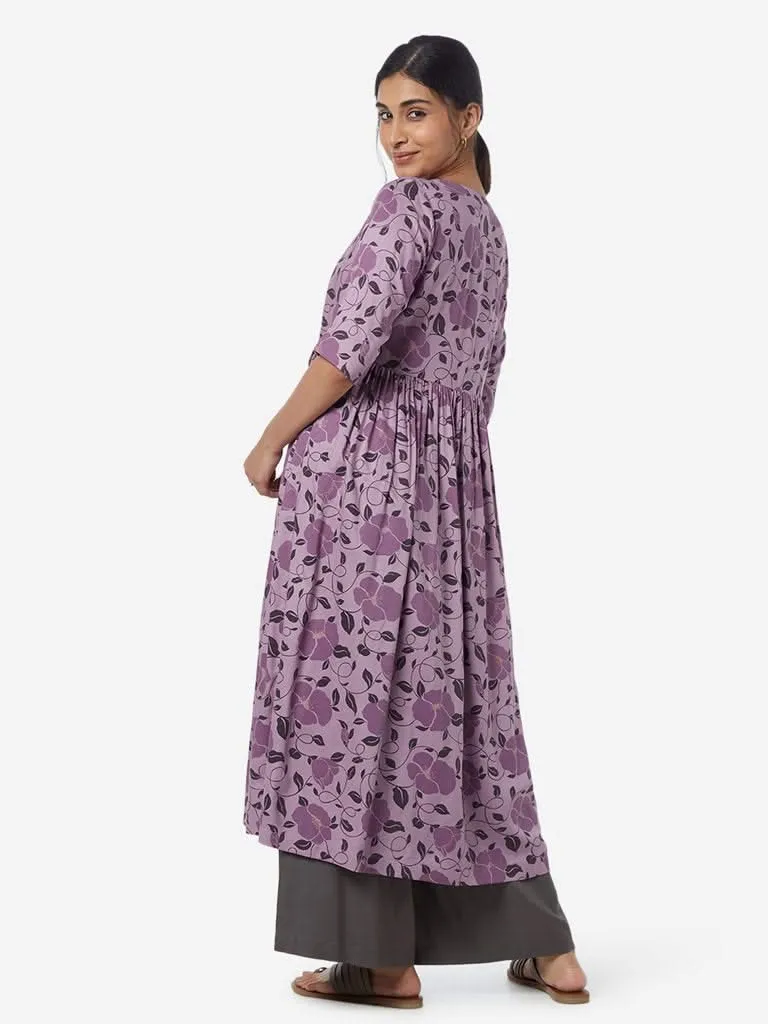 Utsa Lilac Floral Print Fit-And-Flare Kurta