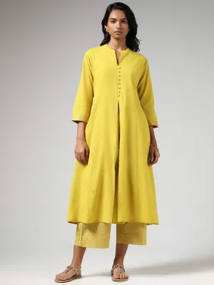 Utsa Lime Yellow Printed Box-Pleated Cotton Blend A-Line Kurta