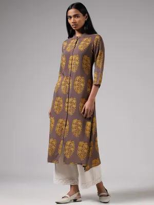 Utsa Mustard Leaf Printed Button Down Kurta