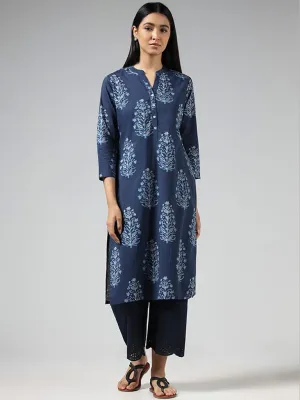 Utsa Navy Floral Printed Cotton Kurta