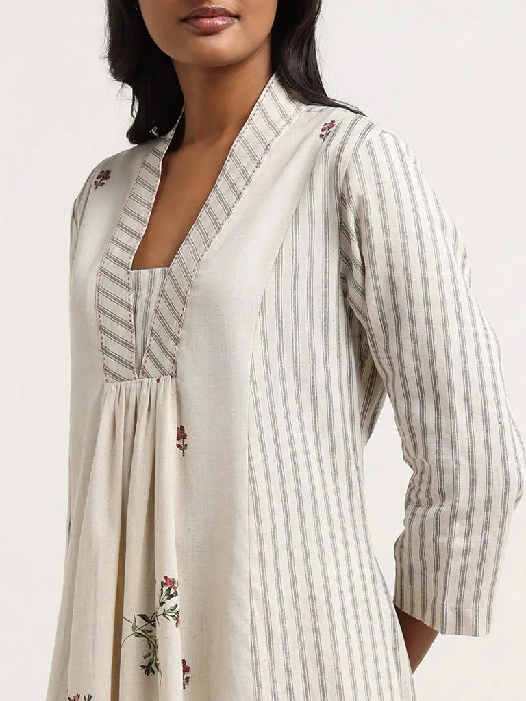 Utsa Off White Floral Printed Striped Cotton Kurta