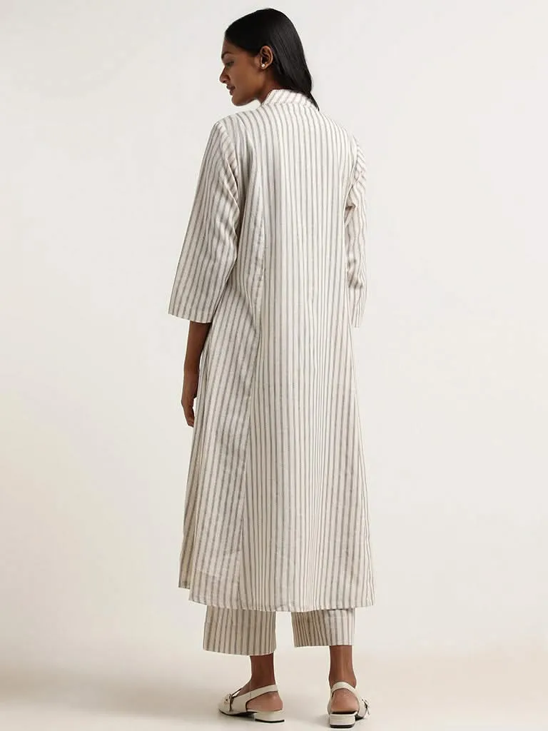 Utsa Off White Floral Printed Striped Cotton Kurta