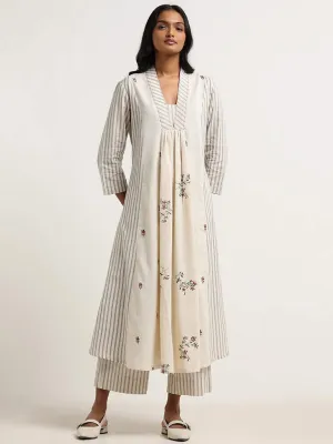 Utsa Off White Floral Printed Striped Cotton Kurta