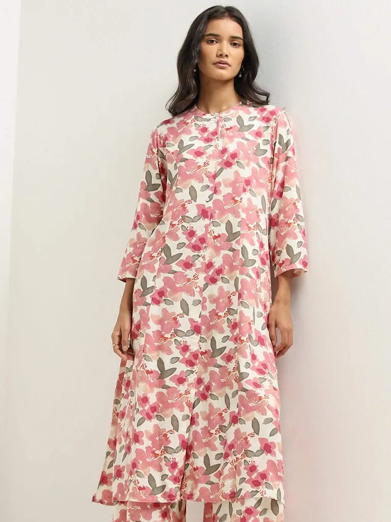 Utsa Pink Floral Patterned A-line Kurta