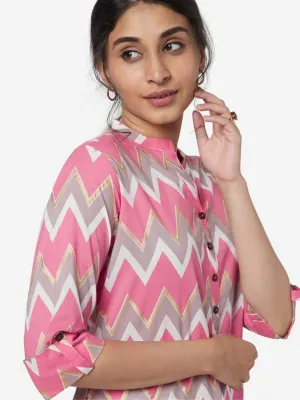 Utsa Pink Straight Chevron Pattern Kurta