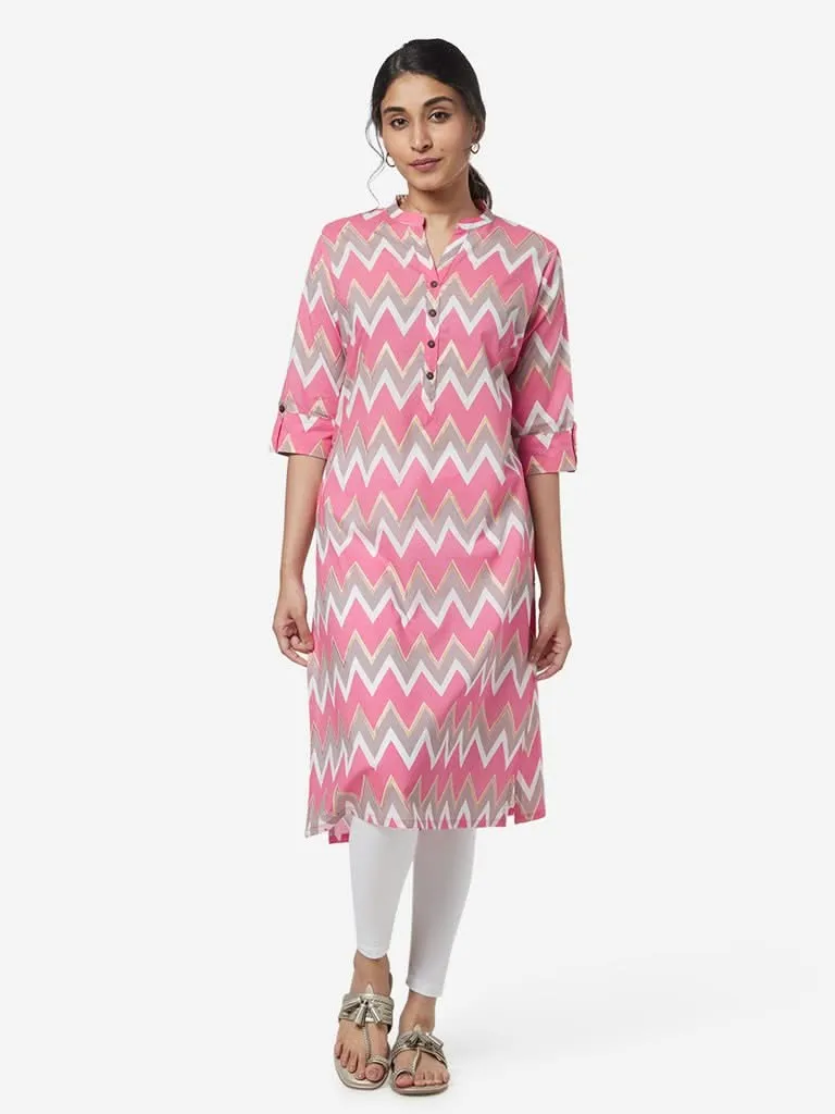 Utsa Pink Straight Chevron Pattern Kurta