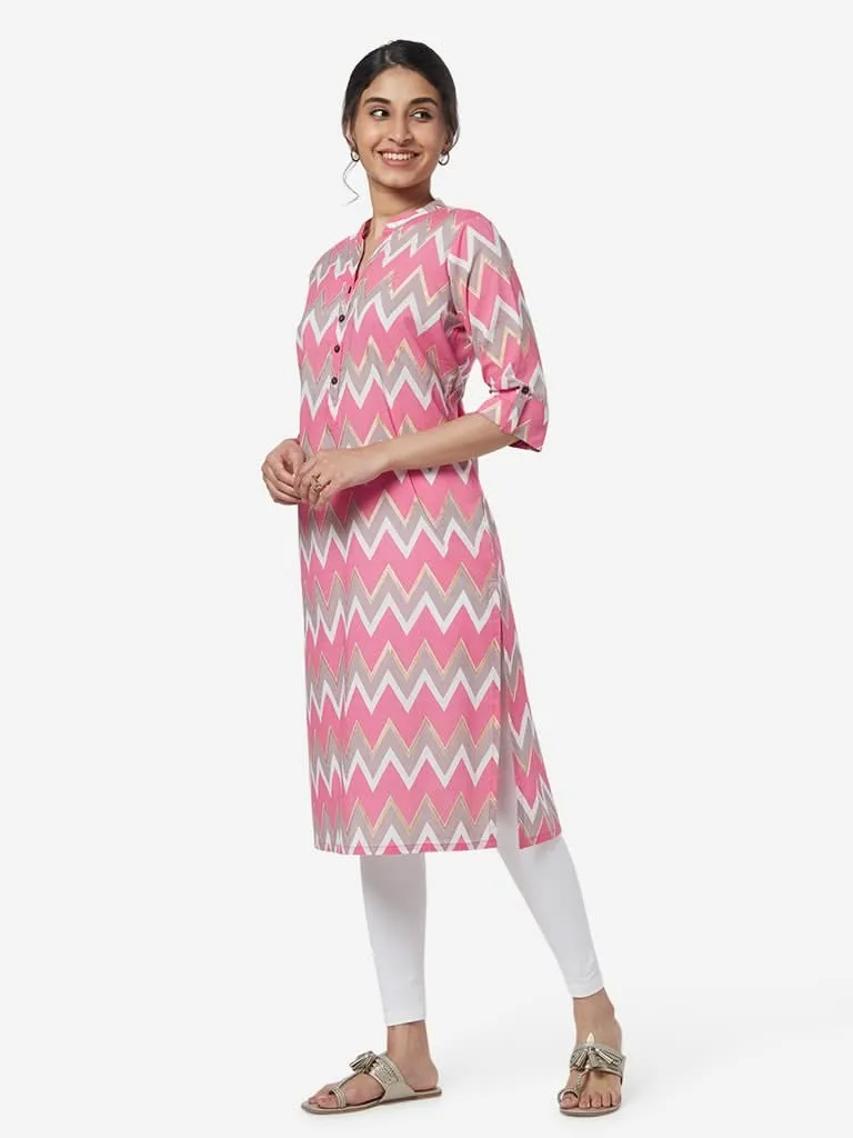 Utsa Pink Straight Chevron Pattern Kurta