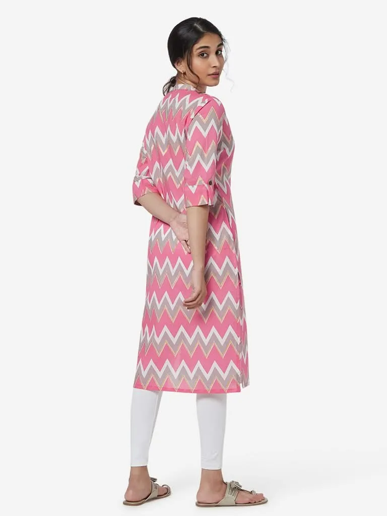 Utsa Pink Straight Chevron Pattern Kurta