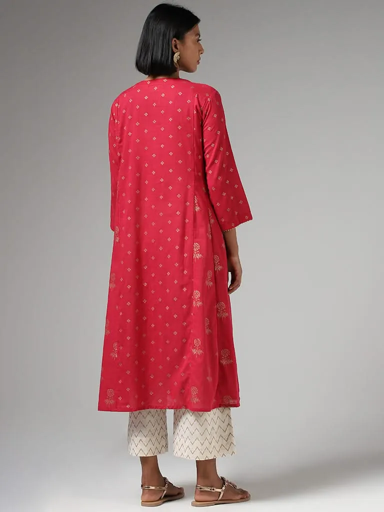 Utsa Pink Zari Embroidered and Printed A-Line Kurta