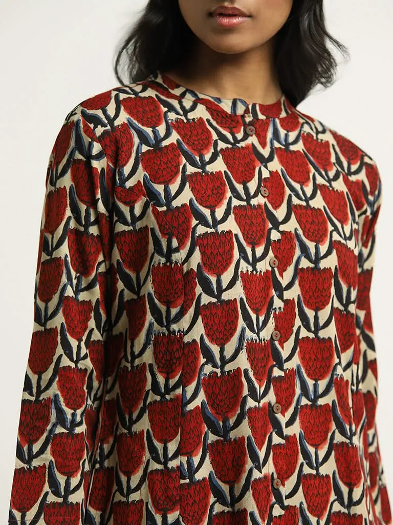 Utsa Red Floral Printed Buttondown Kurta