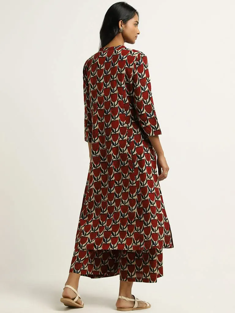 Utsa Red Floral Printed Buttondown Kurta