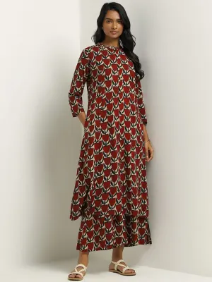 Utsa Red Floral Printed Buttondown Kurta