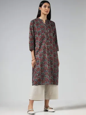 Utsa Red Leaf Printed Cotton Kurta