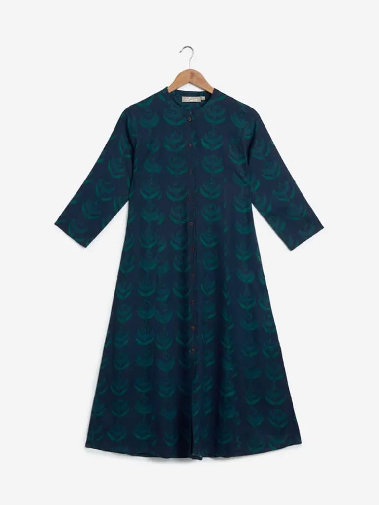 Utsa Teal Ethnic Print A-line Kurta