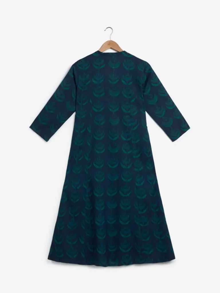 Utsa Teal Ethnic Print A-line Kurta