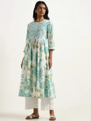 Utsa Turquoise Floral Patterned Cotton A-Line Kurta