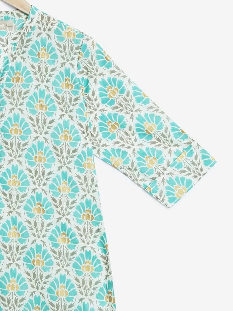 Utsa Turquoise Floral Print Straight Kurta