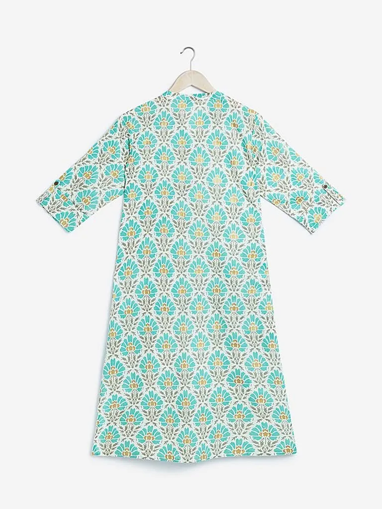 Utsa Turquoise Floral Print Straight Kurta