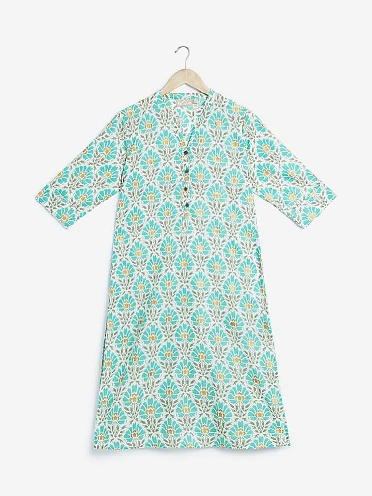 Utsa Turquoise Floral Print Straight Kurta