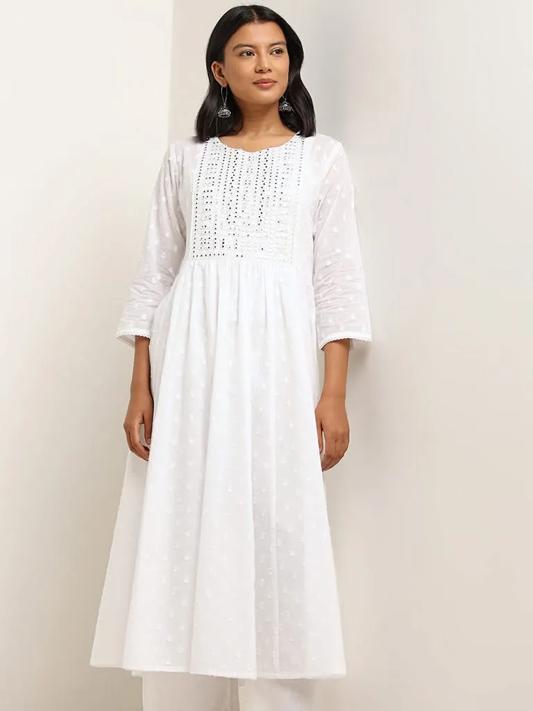 Utsa White Mirror Embroidered A-line Kurta