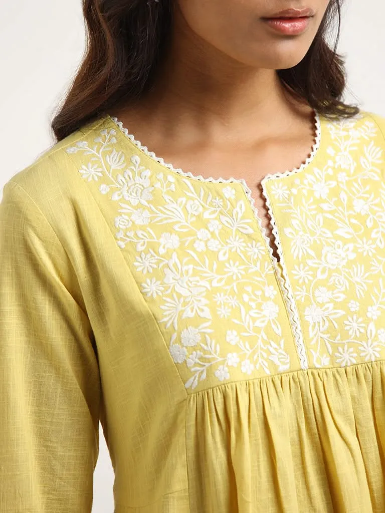 Utsa Yellow Embroidered Cotton Kurta