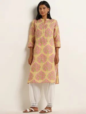 Utsa Yellow Floral Printed Cotton Straight Kurta