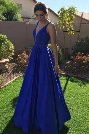 V-neck A-line Royal Blue Prom Dresses Long