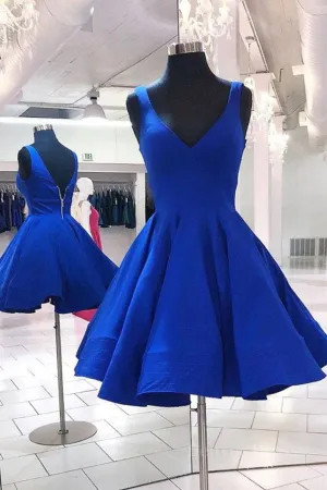 V Neck and V Back Short Blue Prom Dress Open Back Blue Homecoming Dress Blue Formal Evening Dress