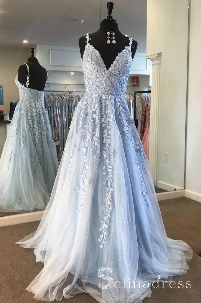 V Neck Baby Blue Lace Long Senior Prom Dress With Applique Tulle Vintage Evening Dress SED033