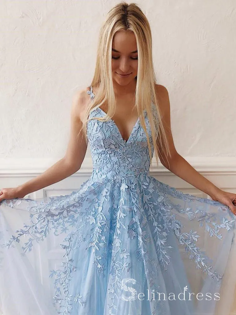 V Neck Baby Blue Lace Long Senior Prom Dress With Applique Tulle Vintage Evening Dress SED033