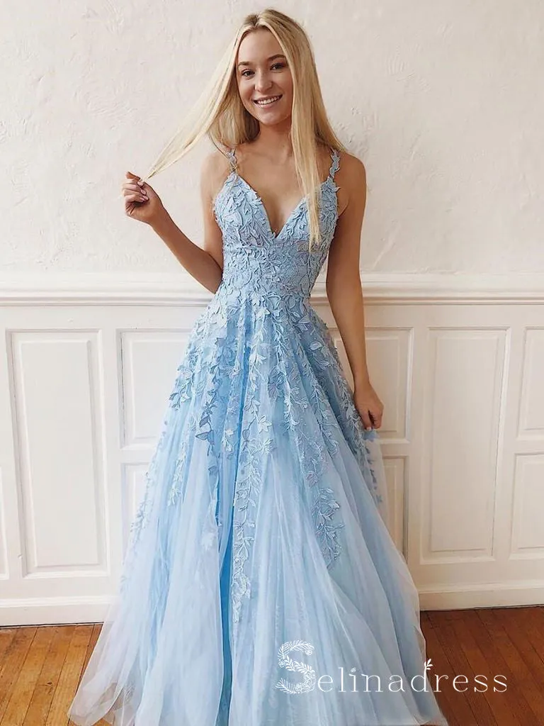 V Neck Baby Blue Lace Long Senior Prom Dress With Applique Tulle Vintage Evening Dress SED033